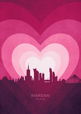 Warsaw Poland Skyline Hearts Pink