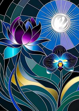 Stained Glass Lotus and Orchid in Moonlight