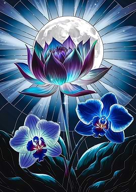 Moonlit Stained Glass Lotus and Orchid