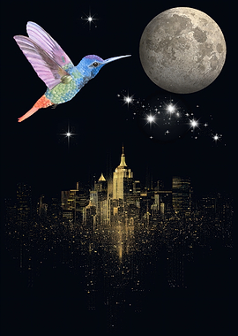 Hummingbird Over Cityscape