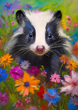 Skunk in Flowers Painting