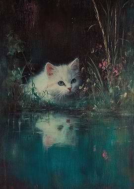 White Kitten by the Pond