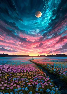 Sunset Over Flower Field