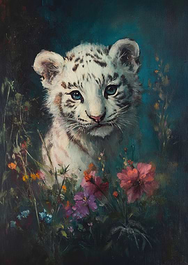 White Tiger Cub in Flowers