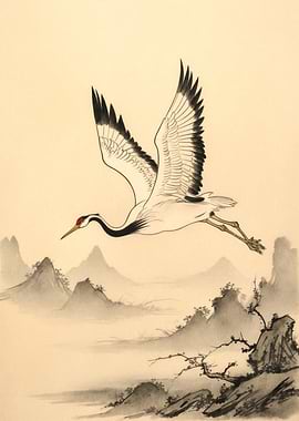 Majestic White Crane in Flight over a Misty Lake Minimalist Ink Painting