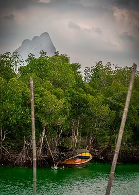 Boat Docked in Tropical Lagoon