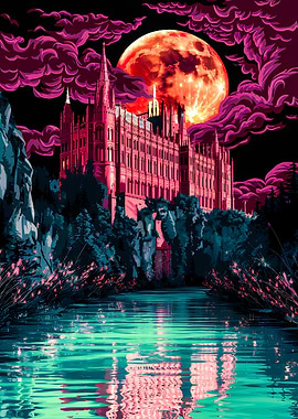 Gothic Castle Under Blood Moon