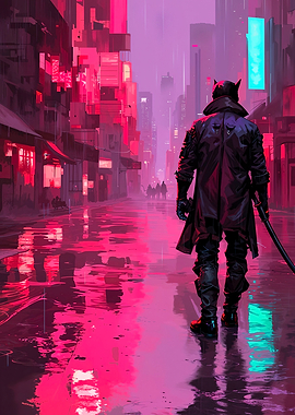 Cyberpunk Cityscape with Figure