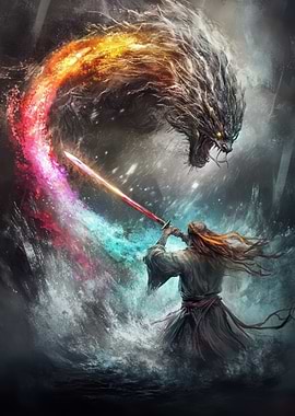 Samurai vs. Dragon - Prismatic Blade Against the Elemental Beast