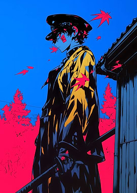 Anime Samurai in Blue and Pink