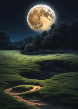 Full Moon Over Grassy Field