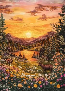 Sunset Deer Embroidery