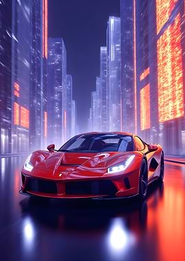 Red Ferrari in Neon City