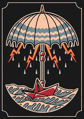 Umbrella & paper boat vintage art