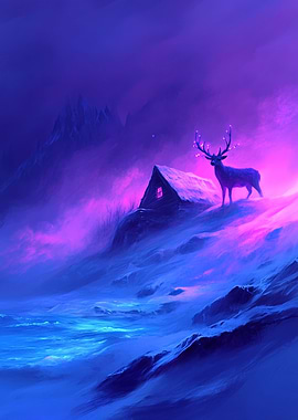 Aurora’s Guardian: The Luminous Winter Stag - Neon Deer in Snowy Mountains
