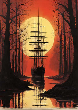 Silhouetted Ship at Sunset