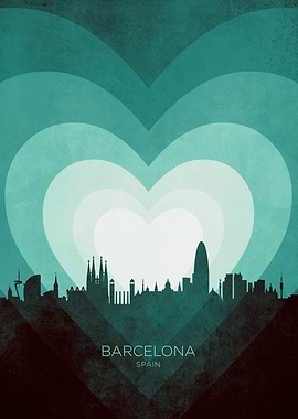 Barcelona Spain Skyline Hearts Teal