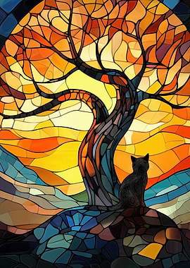 Stained Glass Cat & Tree