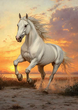 White Horse Running at Sunset