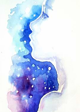 She is watchinf the blue sky with stars watercolor painting