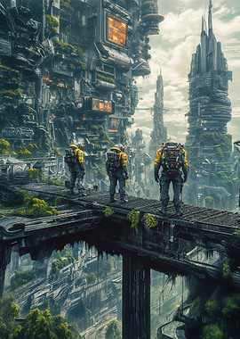 Futuristic Cityscape with Explorers