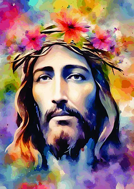 Jesus Christ With Flowers Watercolor Portrait