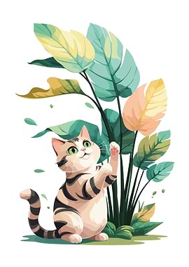 Cute Cat with Green Leaves
