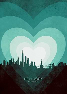 New York Skyline Hearts Teal