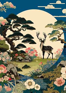 Traditional Asian Floral Deer Artwork