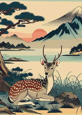 Japanese Deer Ukiyo-E Sunset