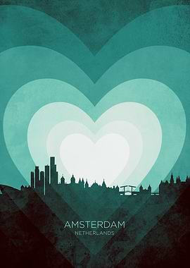 Amsterdam The Netherlands Skyline Hearts Teal