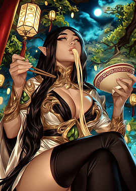 Elven Woman Eating Noodles
