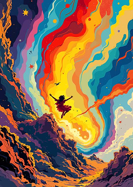 Woman Jumping into Colorful Sky