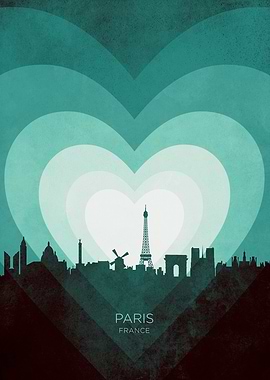 Paris France Skyline Hearts Teal
