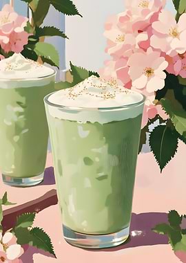 Matcha Latte and Flowers