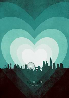 London England Skyline Hearts Teal