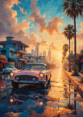 Sunset Cityscape with Classic Car