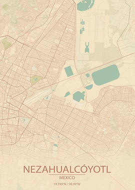 Nezahualcóyotl Mexico Vintage Style City Map