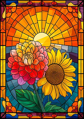 Beauty of Sunflower, Dahlia, & Sun in Stained Glass