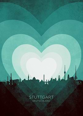 Stuttgart Germany Skyline Hearts Teal