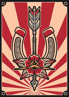 Horseshoe, arrow, and rose vintage art