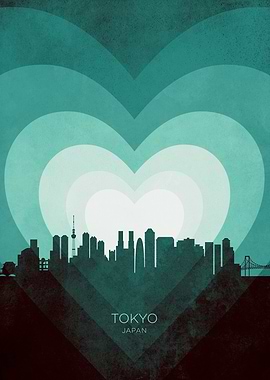 Tokyo Japan Skyline Hearts Teal