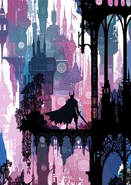 Silhouette Knight in Fantasy City