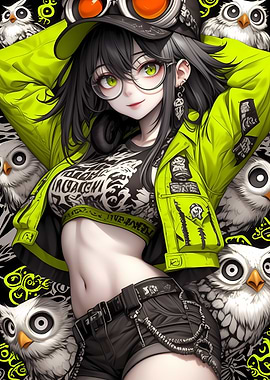 Anime Girl with Owls Gaming
