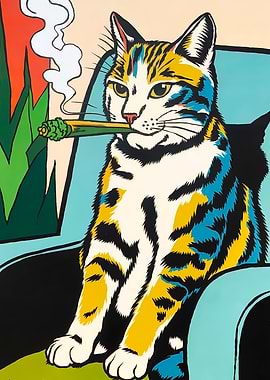 Cool Pop Art Cat Smoking Marijuana