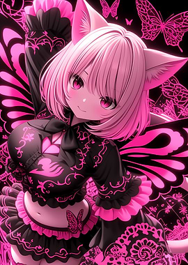 Pink Anime Girl with Butterfly Wings Gaming