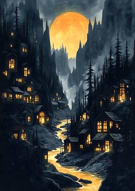 Moonlit Mountain Village Japanese Landscape