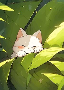 Cute Cat in Leaves