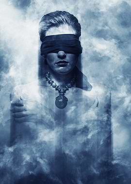 Blindfolded Woman in Clouds