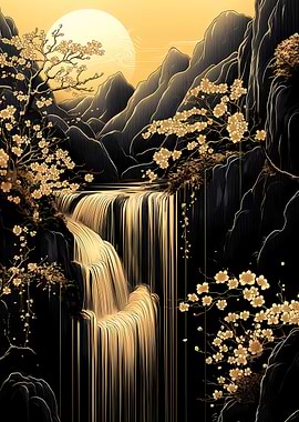 Golden Waterfall Landscape
